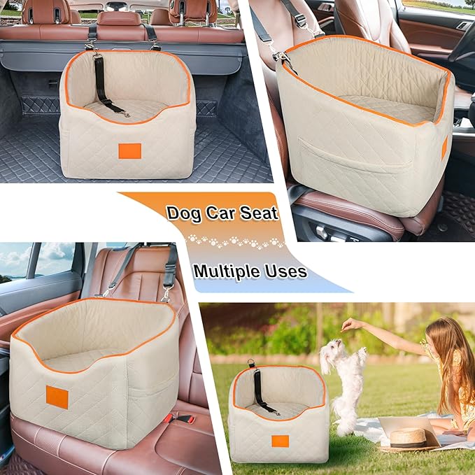Dog Car Seat for Small Dogs, Memory Foam Booster Dog Seat for Dogs up to 35 lbs, Elevated Pet Car Seat, Travel Safety Pet Seat with Washable Removable Cover, Storage Pockets (Beige)