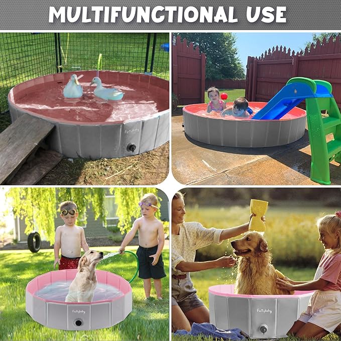 Furrybaby Dog Pool, Kiddie Pool with Hard Plate Collapsible Pet Bath Foldable Swimming Pet Pool Portable Pink 39''