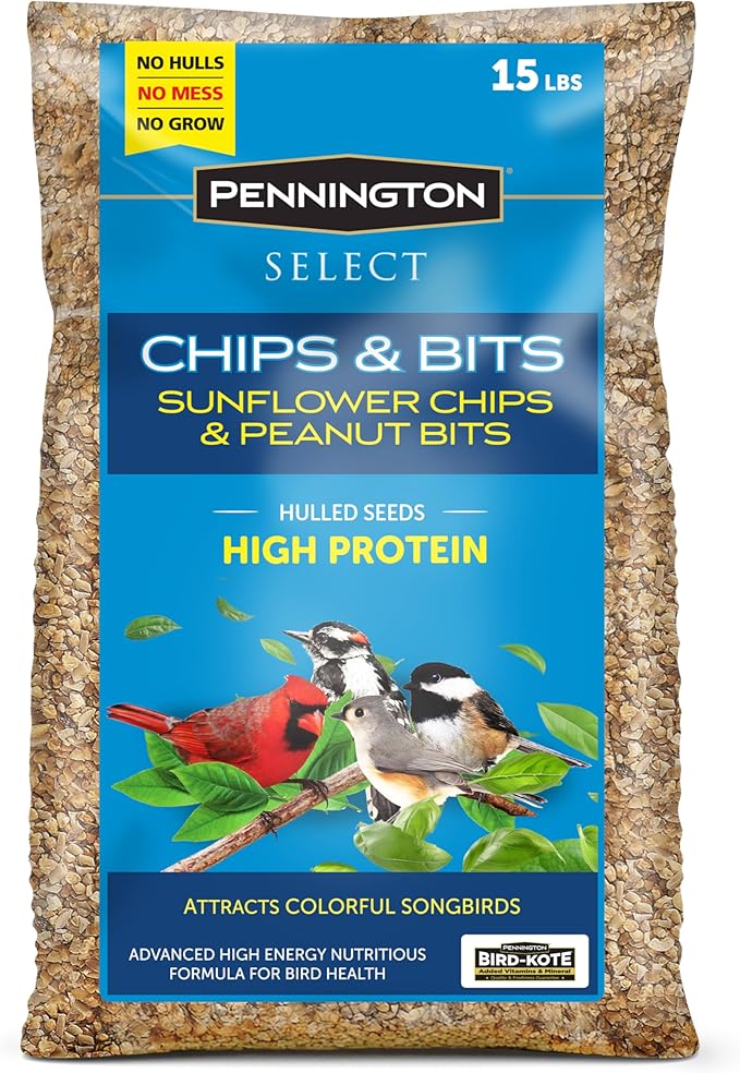 Pennington Select Chips & Bits Wild Bird Seed for Outside Feeders, High-Protein, No-Hull & No-Waste, Sunflower Chips & Peanut Bits Attract Songbirds,15-lb. Bag