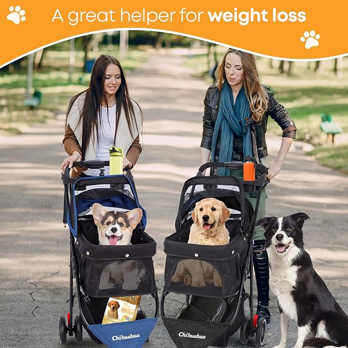 Pet Stroller,Dog Stroller for Small Medium Dogs Cats,3 Wheels,Foldable,with Breathable Mesh Canopy,Cup Holders,Easy Assembly,Black
