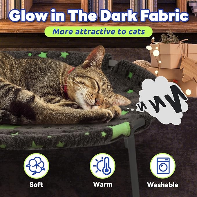 Elevated Cat Bed, Glow-in-The-Dark Fabric Cat Hammock Bed for Large Indoor Cats, Machine Washable & Breathable Cover, Tool Free Easy Assembly, up to 66Lbs (Gray, L)