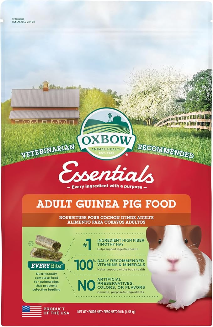 Oxbow Essentials Guinea Pig Food, Adult Guinea Pig, Made with Oxbow Timothy Hay, Pet Food Pellets with Vitamin C, Small Animal Pet Products, Made in USA, High Fiber, 10 lb. bag