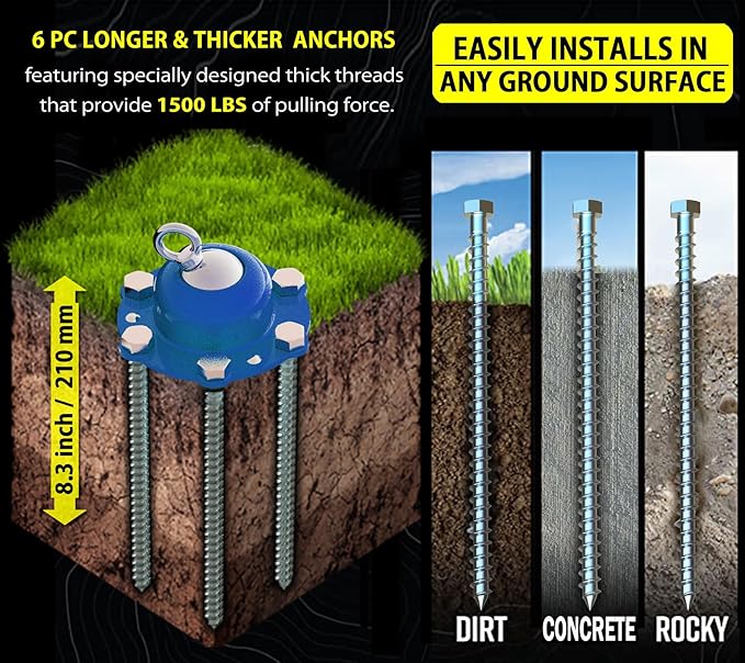 360° Swivel Dog Tie Out Stake with Upgrade 6 Screw Dog Anchors, Heavy Duty & Rust Proof Dog Stake Can Holds 1000Lbs of Pull Force, Up to 150lbs Dogs Perfect to Camping Yard Outdoor (Blue)
