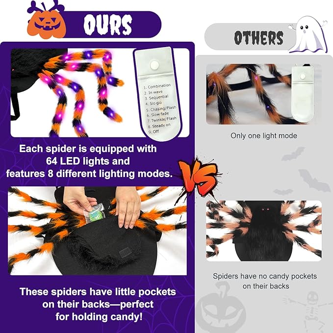 Dog Halloween Costume Large Breed, Furry Dog Spider Costume with 64 LED, Funny Halloween Dogs Costumes for Large Dogs Medium Pet Halloween Party Cosplay (Orange)