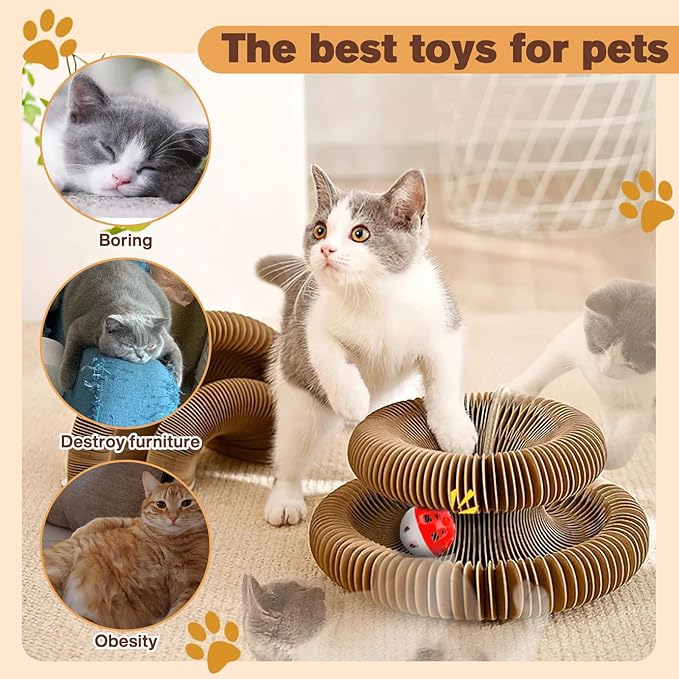 Magic Organ Cat Scratcher Board with 3 Balls, Foldable Recyclable Accordion Cats Toy with Ball and Track Adventure, Cat Scratching Pad, Retractable Reversible Furniture Protector(Brown)