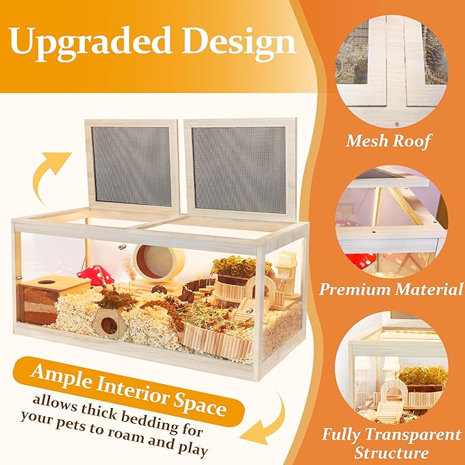 Hamster Cage with Openable Metal Mesh Top,Hamster Enclosure and Gerbil Cage with Clear Panels for Hamster Habitat,Solid Built with Lock Design (40“x20”x20)