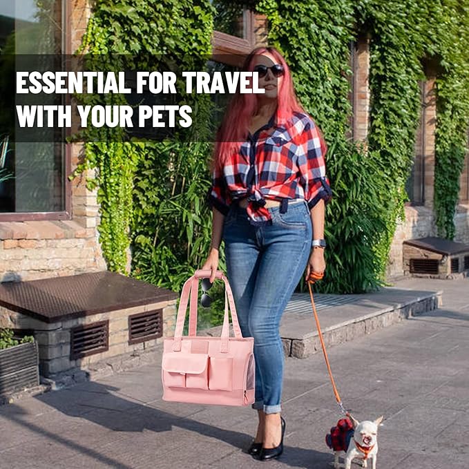 Dog Carrier, Cat Carrier, Pet Carrier, Foldable Waterproof Premium PU Leather Oxford Cloth Dog Purse, Portable Tote Bag Carrier for Small to Medium Cats and Small Dogs (Pink)