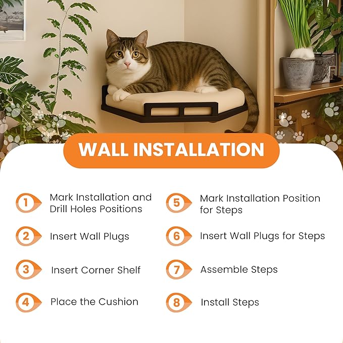 INICIO Cat Wall Shelves - Modern and Durable 3 Step Cat Furniture for Wall - Stylish Birch Floating Shelf for Cats up to 15lbs - Wooden Corner Shelves with Cushioned Perch - Black