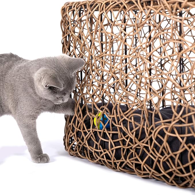 Fun Stackable Cat Condo for Indoor Cats - Interactive Play Faux Rattan Cat House for Indoor Cats Kitty, Pet Friendly Top/Side House Entry, Cat Bed Enclosed
