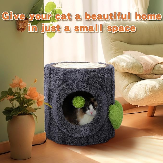 NUNU Cat Tree Tower with Scratch Table & Soft Cushion, Cat Condo Tree Cave for Small Kittens, Cat House with Hanging Ball Toy for Indoor (Grey)