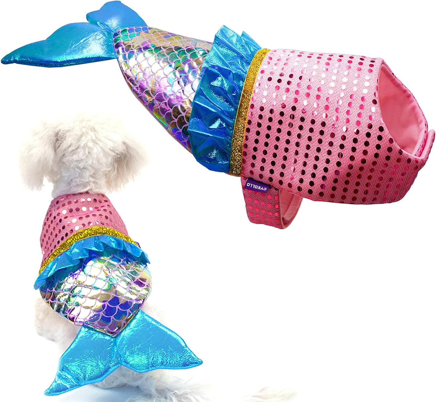Mermaid Dog Costume Halloween Dog Clothes with Sparkly Sequin Holiday Party Outfits Puppy Pet Costumes for Small Dogs(X-Small to X-Large)