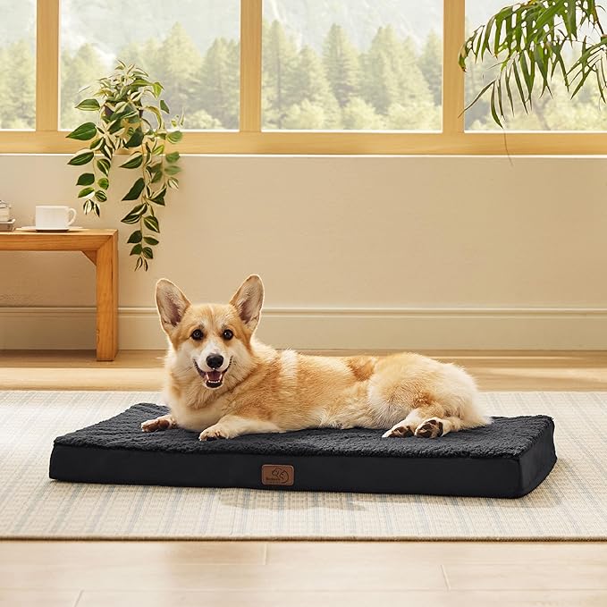 Bedsure Large Dog Bed for Crate - Orthopedic Flat Pet Beds with Removable Washable Cover, Egg Crate Foam Crate Mat, Suitable for Pet Up to 50 lbs
