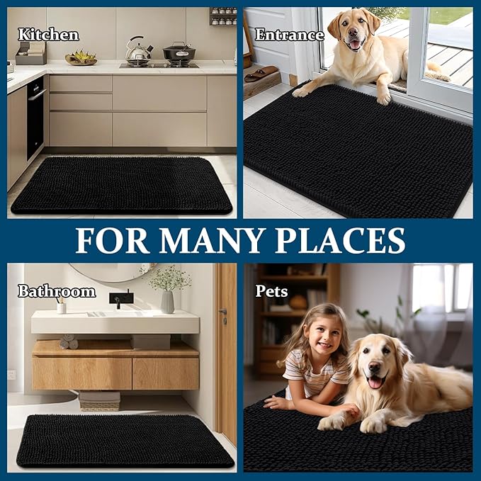 OLANLY Dog Door Mat Set 2-Piece 24x16, Absorbs Moisture and Dirt, Absorbent Non-Slip Washable Doormat, Quick Dry Chenille Mud Mat for Dogs, Entry Indoor Entryway Carpet for Inside Floor, Black