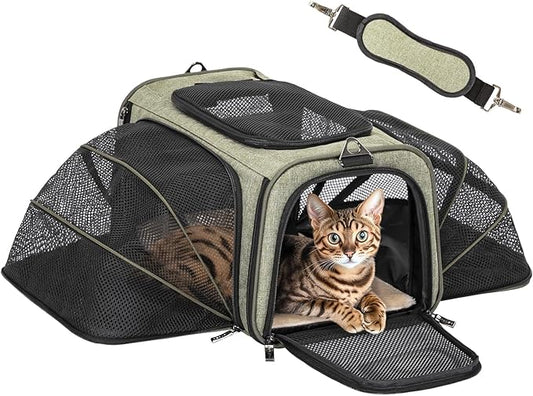Petsfit Expandable Rabbit Carrier Cat Carriers, 16 Inch Airline Approved Pet Carrier with 2 Extensions, Soft Washable Cushion, Self-Locking Zipper Head, Built-in Safety Rope, Fit for Travel