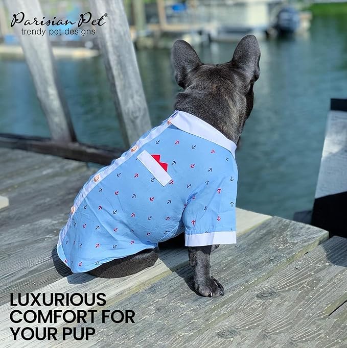 Parisian Pet Nautical Costume - 100% Cotton Anchor Shirt - Sleeved Doggie Clothes - Blue and White Costumes for Small Dogs XS