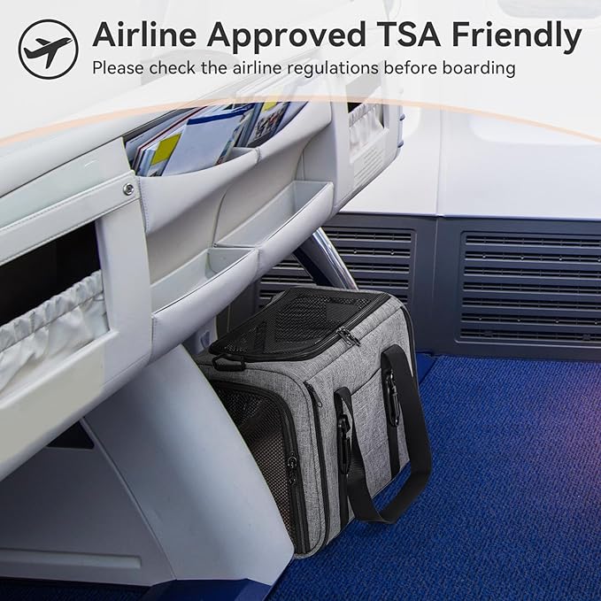 PETSFIT Soft-Sided Cat Carriers & Car Seats with Patent Safe Buckles, Clip-On Harness,18"x11"x11" Airline Approved Pet Carrier - 9 lbs Capacity,Grey