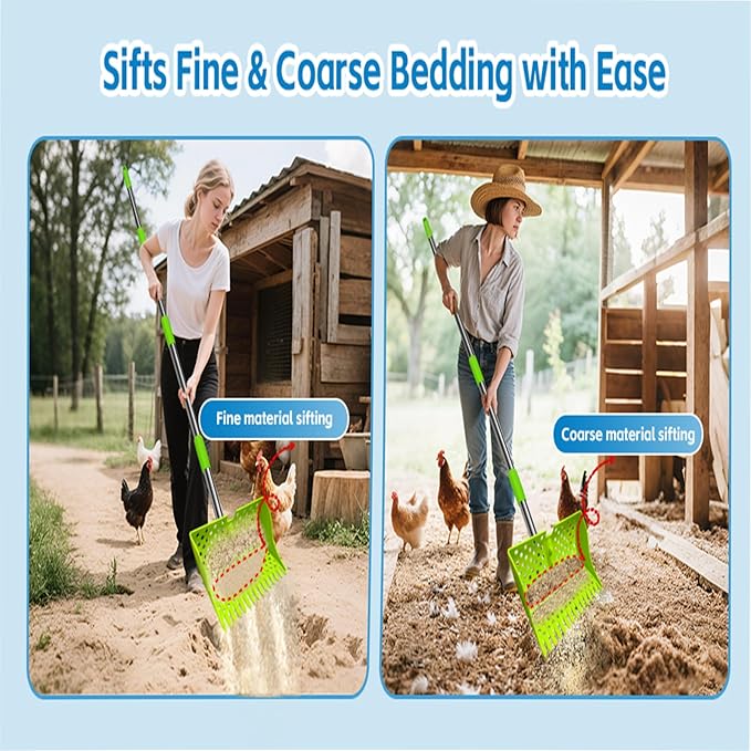 12-Inch 2-in-1 Chicken Poop Scooper & Rake – US Patent Pending – 3-Shape Sifting Holes Chicken Coop Rake,Stainless Steel Handle (20–61")– Litter Scoop Sand & Sifting Shovel for Chicken Coops(Green)
