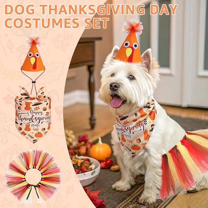 SCENEREAL Thanksgiving Dog Bandana Dress with Hat Set, Pet Turkey Costume for Small Medium Sized Dogs, Cute Tutu Skirt Outfit for Party Halloween