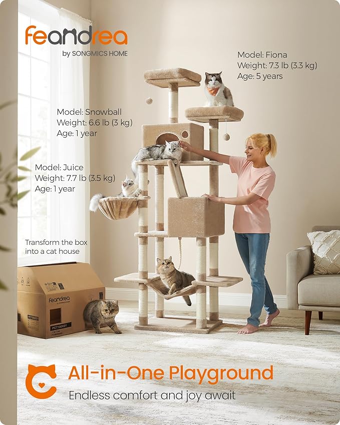 Feandrea Cat Tree, 81.1-Inch Large Cat Tower with 13 Scratching Posts, 2 Perches, 2 Caves, Basket, Hammock, Pompoms, Multi-Level Plush Cat Condo for Indoor Cats, Camel Brown UPCT190K01