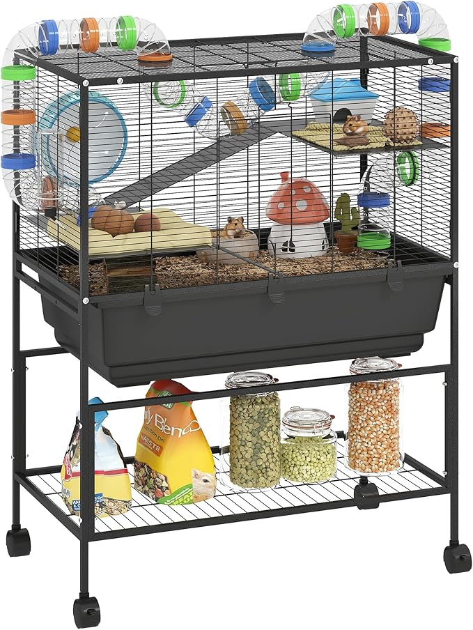 PawHut Hamster Cage with Deep Tray, 3 Tier Rolling Rat Cage with Storage Shelf, Big Exercise Wheel, Tube System, Hut, Platforms, Ramps, Food Dish, Water Bottle, for Syrian, Gerbil, Mouse
