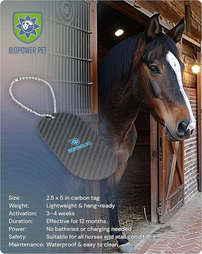 BioPower Natural Fly & Tick Repellent for Horses - Horse Shield and Stall Tags with 1-Year Bioresonance Protection – Chemical-Free, Waterproof Carbon Tag Clips to Halter – Holistic & Safe Pest Defense