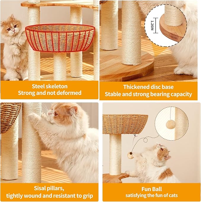 54" Modern Cat Tree Tower for Indoor Cats, Oak Cat Scratching Tree for Multiple Large Cats, Manual Hand Woven Luxury Cat Condo, Unique High-end Design Cat Furniture Activity Centre, Easy Clean