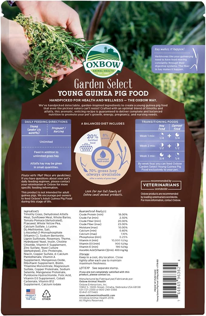Oxbow Garden Select Guinea Pig Food, Young, Made Alfalfa for Guinea Pig, Pet Food Pellets with Vitamin C, Non-GMO, No Soy, Small Animal Pet Products, Made in USA, High Fiber, 4 lb. Bag