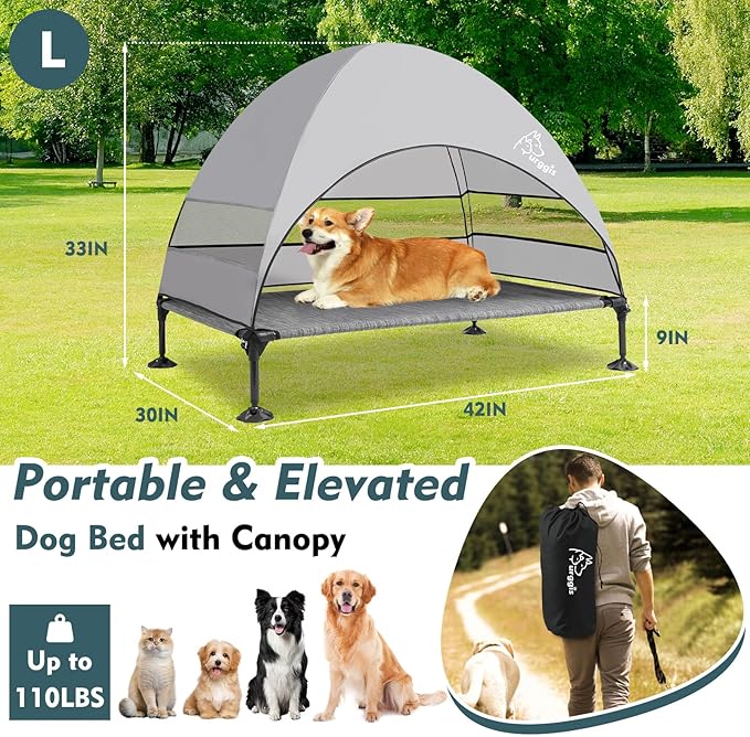 Upgraded Elevated Dog Bed with Canopy, Portable Raised Outdoor Dog Bed with Stable Anti-Slip Feet, Wider Shade Pet Bed Cot, Raised Dog Beds for Large Dogs Camping, Indoor & Outdoor Use