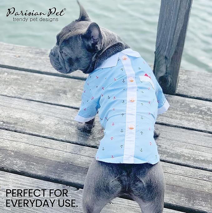 Parisian Pet Nautical Costume - 100% Cotton Anchor Shirt - Sleeved Doggie Clothes - Blue and White Costumes for Small Dogs XS