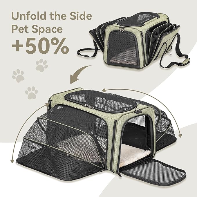Petsfit Expandable Rabbit Carrier Cat Carriers, 16 Inch Airline Approved Pet Carrier with 2 Extensions, Soft Washable Cushion, Self-Locking Zipper Head, Built-in Safety Rope, Fit for Travel