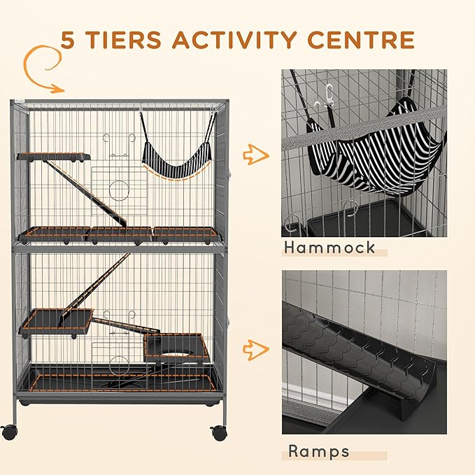PawHut 50" 5-Tier Small Animal Cage, Ferret Cage, Large Chinchilla Cage with Hammock Accessory & Heavy-Duty Steel Wire, Small Animal Habitat with 4 Doors, Removable Tray, Gray