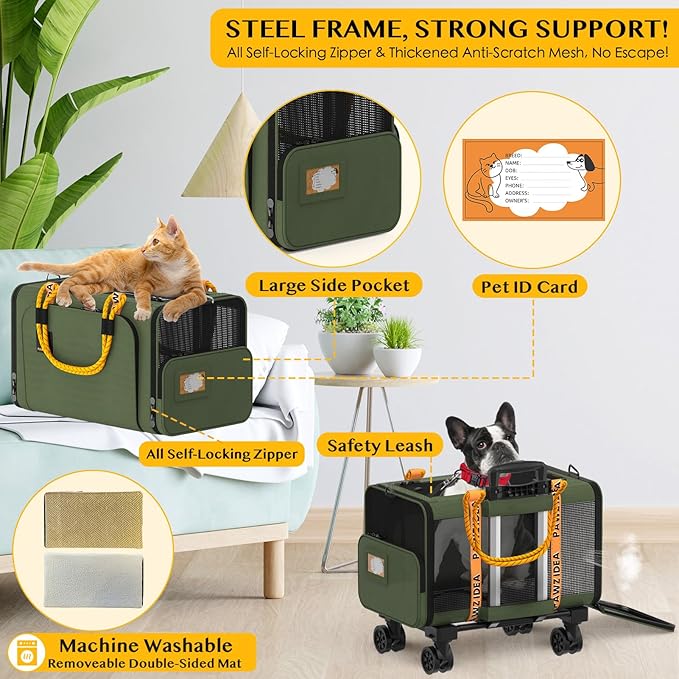 PAWZIDEA Expandable Pet Carrier with Wheels, 18X11X11 TSA Airline Approved Cat Carrier w/ID Card for 2 Cats, Small Dog Carrier Car Seat Travel Bag, Max Weight Recommendation 18 lbs,Green