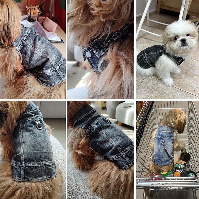 Puppy Clothes for Small Dogs Boy,Classic Western Denim Dog Coat,Dog Jeans Jacket with Leash D-Ring,Pet Cat Costumes,Cooling Harness Vest for Walking (Black, X-Small)