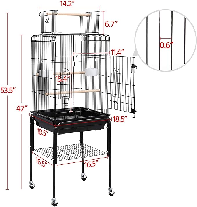 Yaheetech Open Top Rolling Parrot Bird Cage for Cockatiel Sun Parakeet Green Cheek Conure Mid-Sized Parrot Cage with Detachable Stand