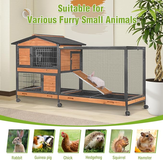 GUTINNEEN 2-Story Rabbit Hutch with Chew-Proof Full Metal Frame for Indoor/Outdoor - 62" Bunny Cage with 6 Locking Casters & 2 Pull-Out Trays for Rabbits, Guinea Pigs, Small Pets (Brown)