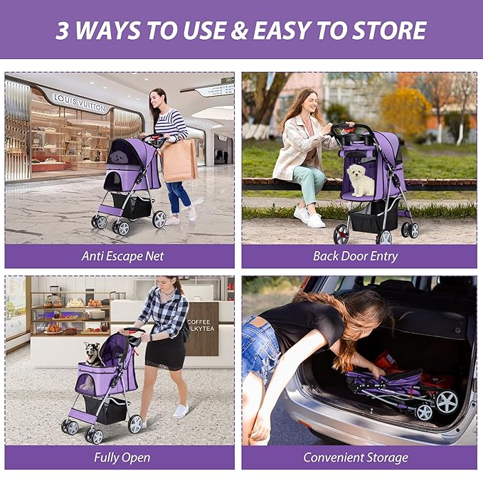 4 Wheels Pet Stroller for Small Medium Dogs Cats 10-33 lbs, Foldable Dog and Cat Stroller with Cup Holder & Storage Basket & Breathable Mesh, Pet Strolling Cart for All-Season, Purple