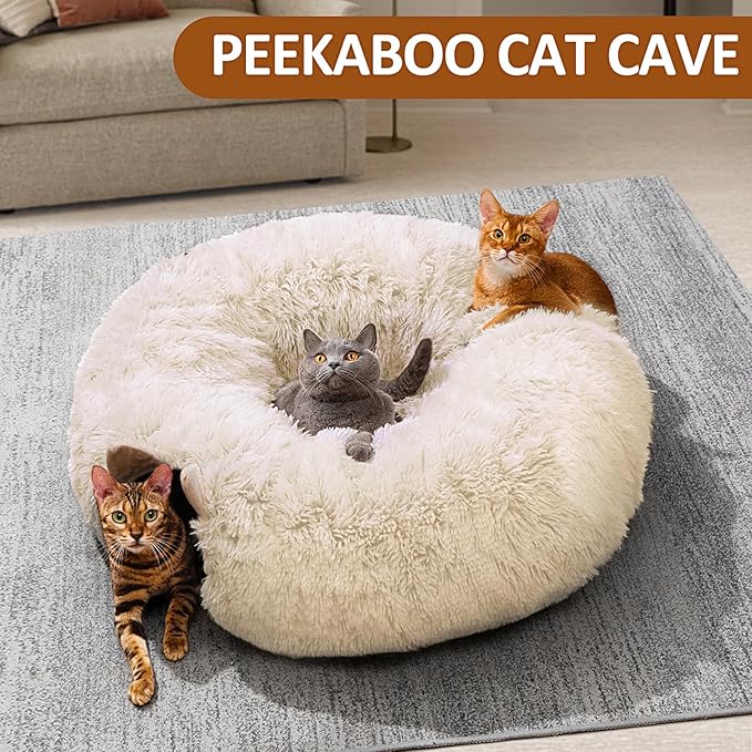Cat Tunnel with Cat Bed for Indoor Cats, Soft Plush Peekaboo Cat Cave Donut Tunnel, Multifunctional Playground Toys Hideplace for Small Medium Large Kittens, Rabbit, Ferret (Cream White)