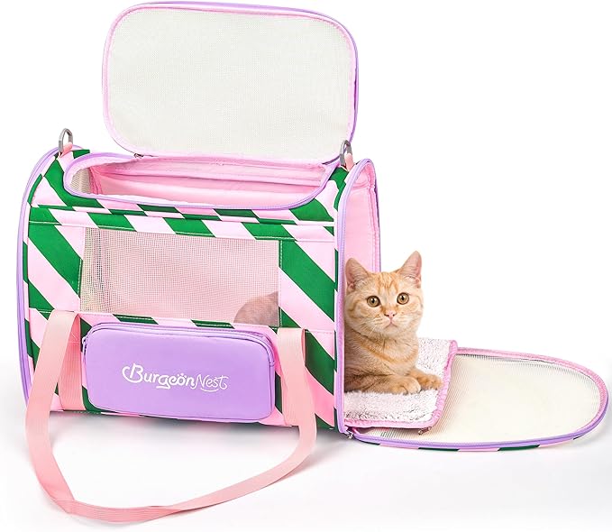 BurgeonNest Cat Carrier, Dog Cat Carriers for Large Medium Cats Under 20 lbs, Soft Sided Pet Carrier, Collapsible Travel Carry Puppy Kitten Cat Carrier with Big Side Bag (Medium, Pink-Green)