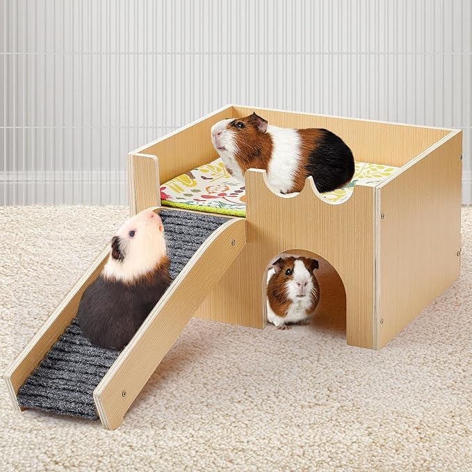 Upgraded Guinea Pig Castle, Sturdy Wooden Guinea Pig Hideout, Small Animal House Bed Hut Habitats with Stairs, Easy to Assemble for Hamsters Bunny Chinchillas Playing Hiding