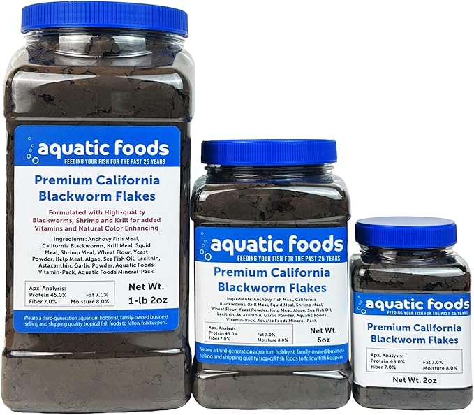 Aquatic Foods Inc. California Blackworm 45% Protein Premium Flakes for Discus, Cichlids, All Tropical Fish Also Pellet Mix, Wafer Mix Included…1-lb 2oz