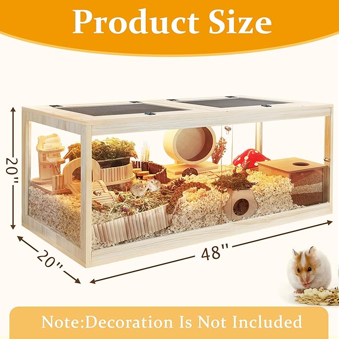 Hamster Cage with Lock Design,Large Hamster Enclosure with Openable Metal Mesh Top,Wooden Chewproof Gerbil Cage for Hedgehog Mouse Gerbil (48"x20"x20")