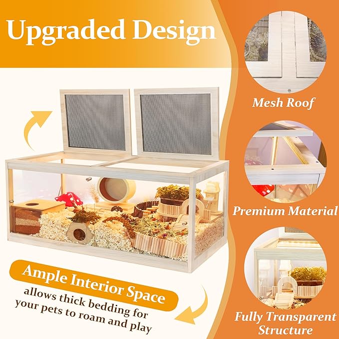 Hamster Cage with Lock Design,Large Hamster Enclosure with Openable Metal Mesh Top,Wooden Chewproof Gerbil Cage for Hedgehog Mouse Gerbil (48"x20"x20")