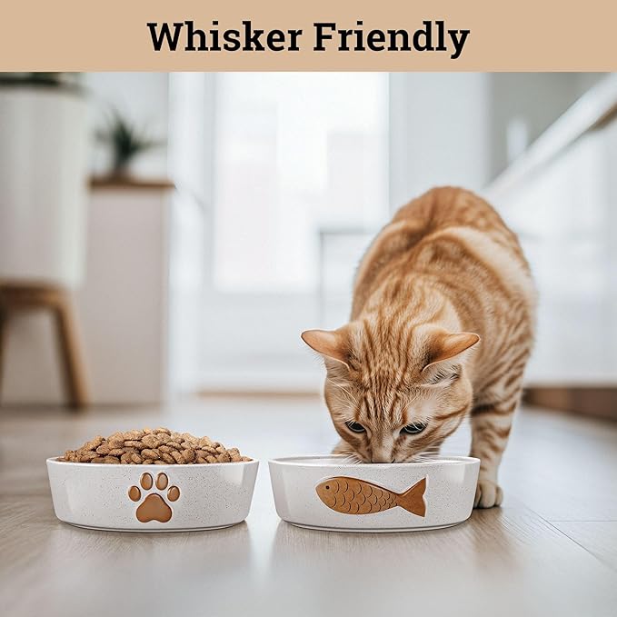 Ceramic Cat Bowls Whisker Friendly - Ceramic Cat Bowl Set of 2 Cute Designs with Anti-Slip Bases - Dishwasher & Microwave Safe Food and Water Bowls for Cats - Dishes for Cats - Kitten Food Bowl Set