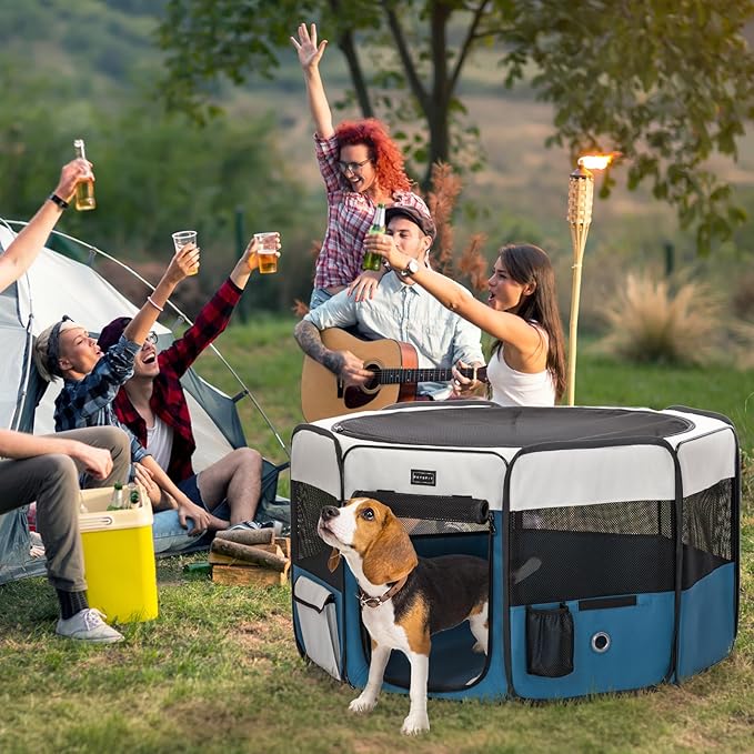 PETSFIT 29" Puppy Playpen with Removable Waterproof Mat & Zippered Roof | RV, Camping, Travel Dog Pen | Indoor/Outdoor Whelping & Cat Observation Space(29.5"x29.5"x16.5"H)