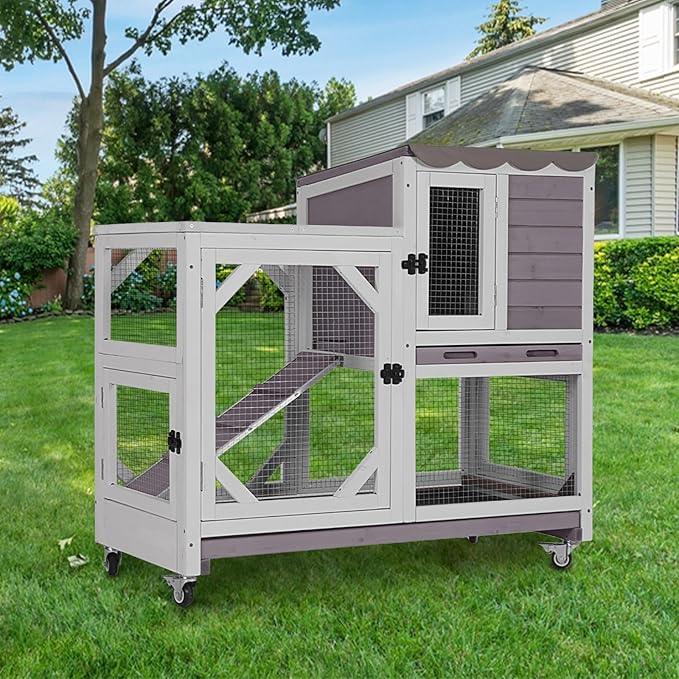 GUTINNEEN Rabbit Hutch Indoor Outdoor 2 Story Bunny House on Wheels Wood Rabbit Cage with 2 Pull Out Trays Guinea Pig Cage (Gray)