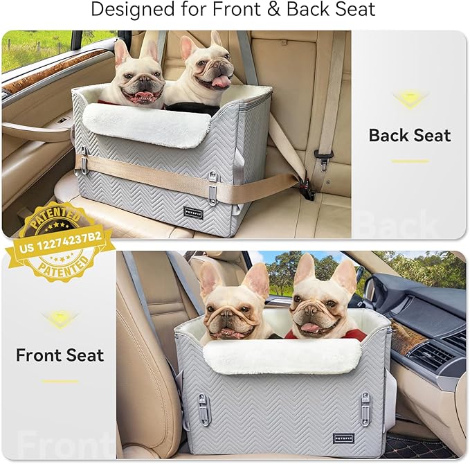 PETSFIT Dog Booster Car Seat, Waterproof PU Leather Car Seat for Dogs with Patented Safe Buckles, 2 Clip-On Safety Leashes, Suitable for 2 Small Dogs or a Medium Dog (Medium, Grey)