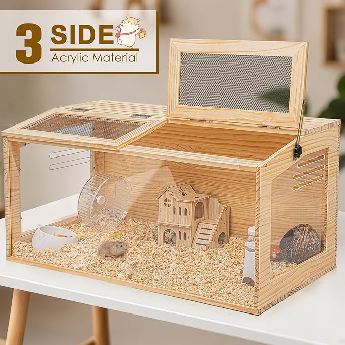 Hamster Cage 32 Inch Wooden Chewproof, 270° View Habitat with Bite-Proof Metal Mesh & Dual Access Doors, Acrylic Sheets & Solid Build for Dwarf Syrian Hamsters/Gerbils/Guinea Pigs/Chinchillas