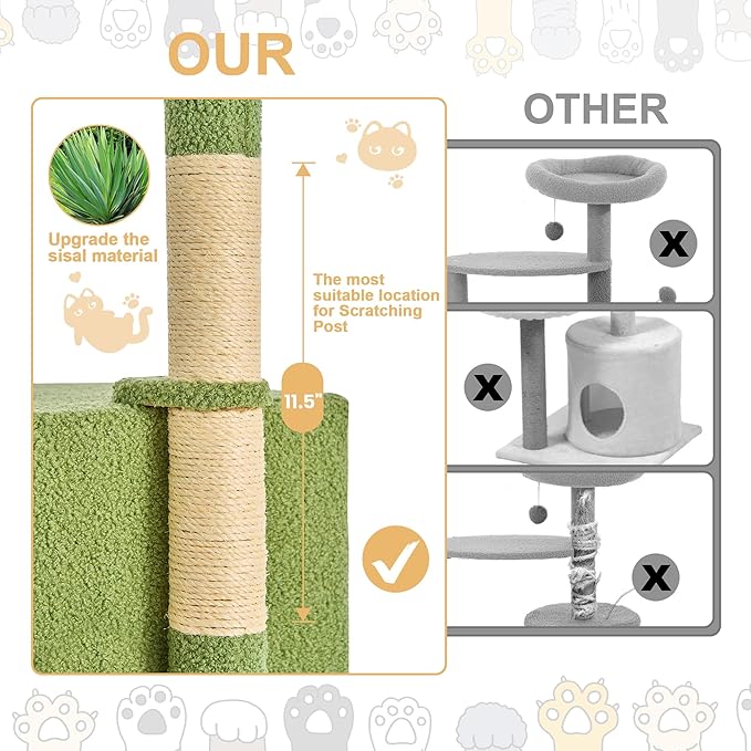 24 Inch Cat Tree Condo for Indoor Cats with Floral Sisal Scratching Post, Plush Hang Ball Play Furniture for Kittens Cats, Yellow