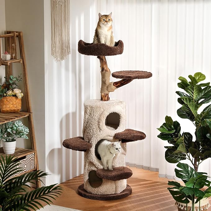 Luxury Treehouse Cat Tree for Indoor Large Cats,54.7'' Tall Modern Wood Cat Tower with 3 Level House,4*Cozy Perch,1*Soft Viewing Bed,Heavy Duty Wide Base,Sisal Scratching Post (54.7inch)