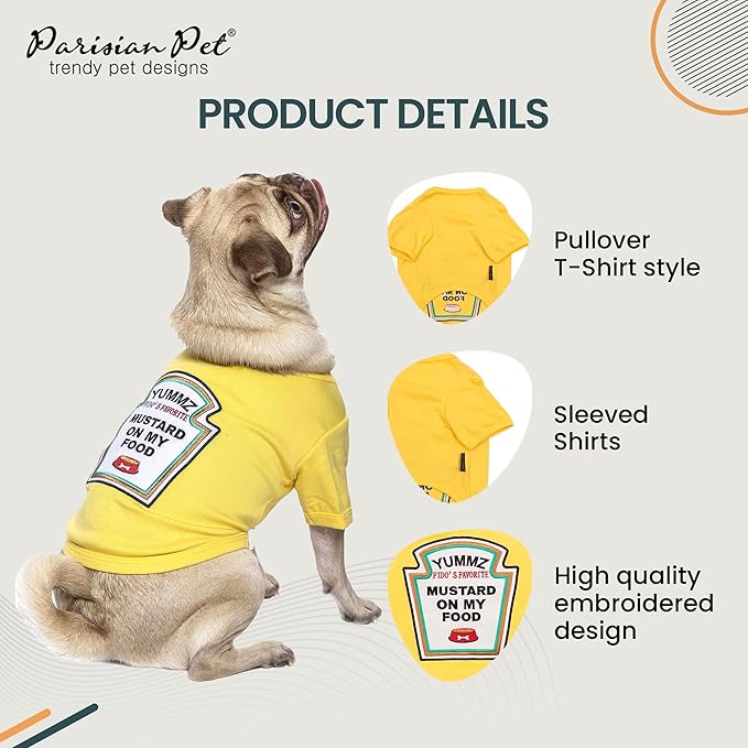 Parisian Pet Dog Shirt - Embroidered “Mustard on My Food“ - 100% Cotton and Polyester Dog Clothes - Sleeved, Lightweight Costume for Dogs - Yellow Dog Shirts for Large Dogs - Pet Costumes - 3XL